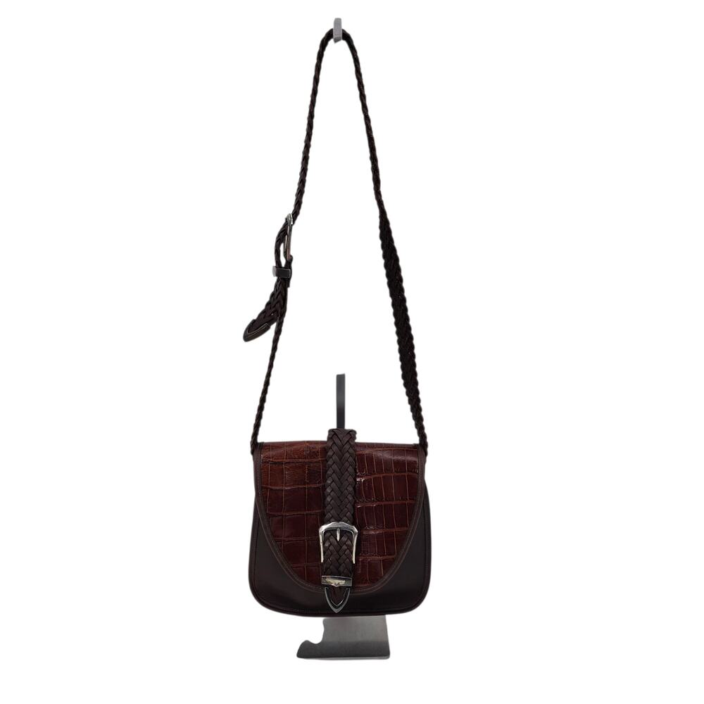 Vtg 90s Brighton Brown Taylor Croc Embossed Leather Braided Crossbody Saddle Bag